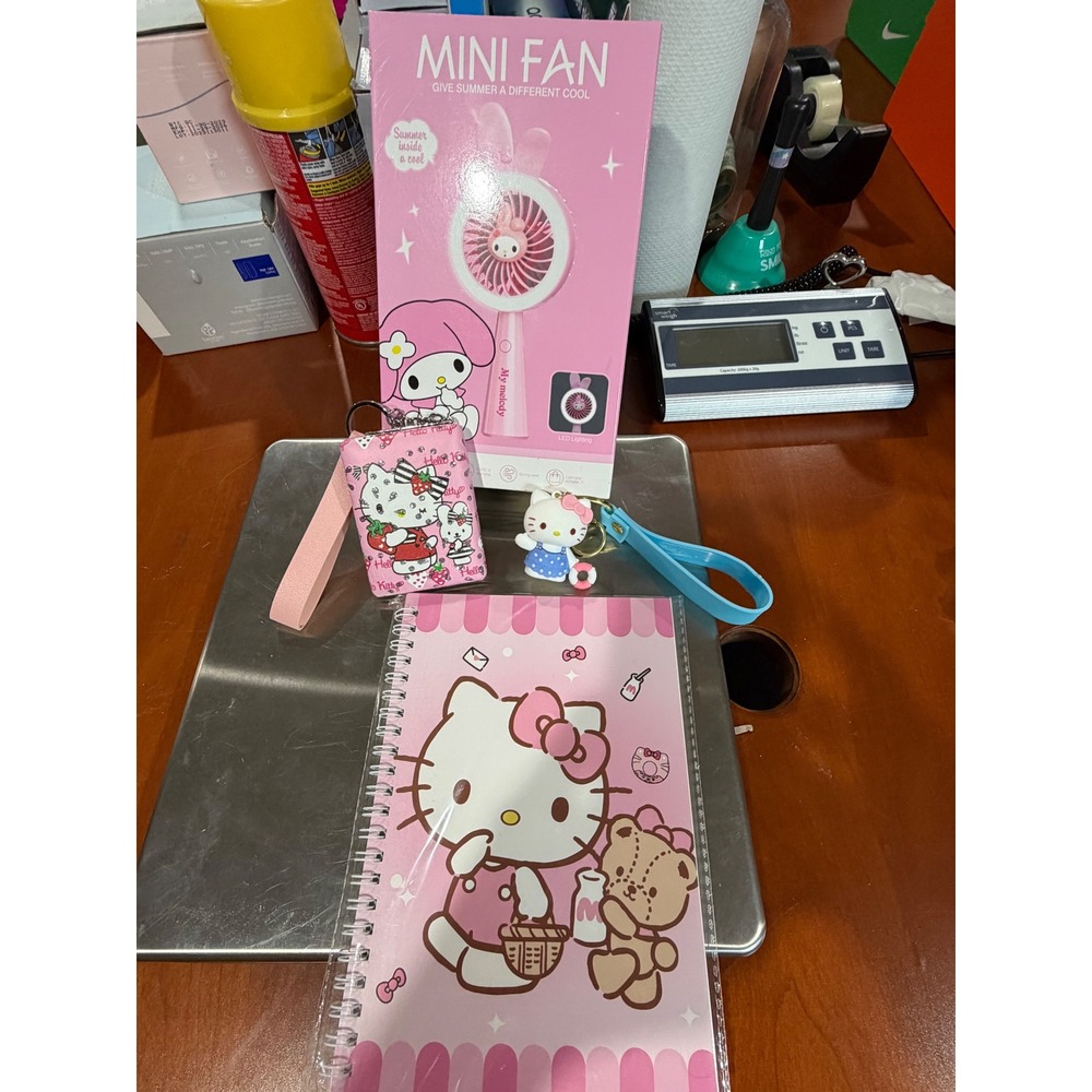 Sanrio Hello Kitty My Melody Bundle Mini Fan Notebook Mirror Keychain Pink Blue